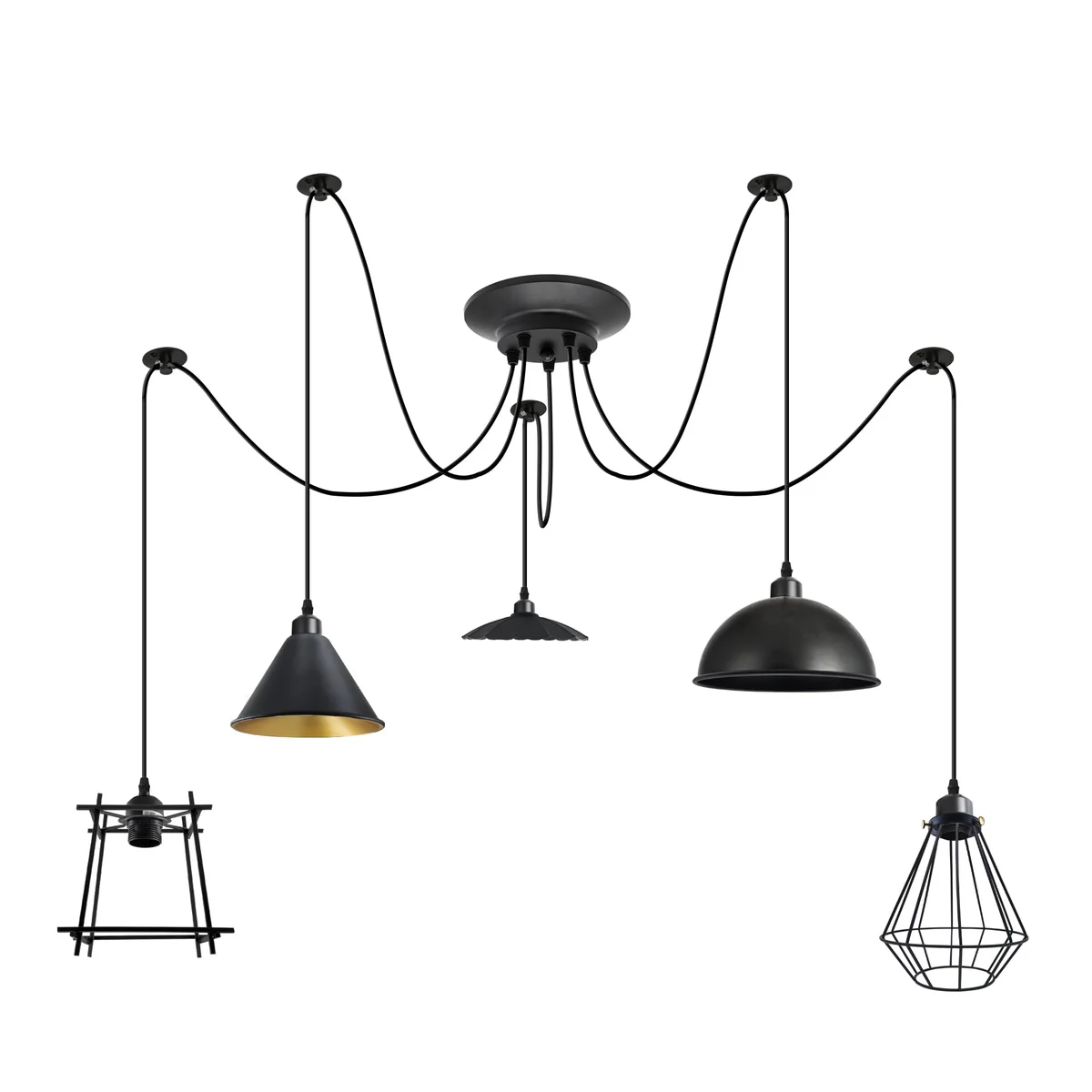 Adjustable 5-head metal cage pendant light with industrial vintage design, metal ceiling plate, and long PVC cables