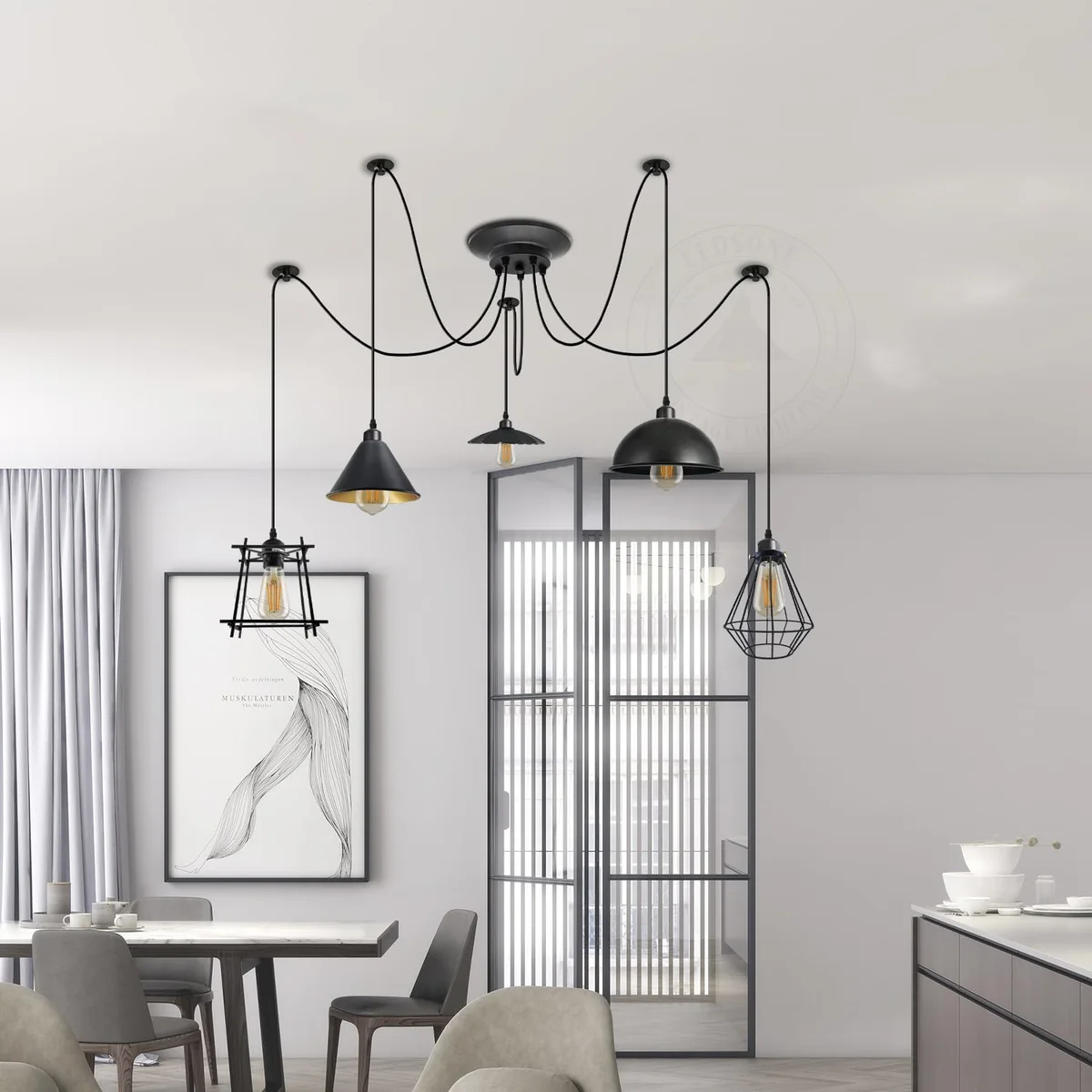 Industrial vintage ceiling light with five adjustable metal cage pendants hanging from a round ceiling plate