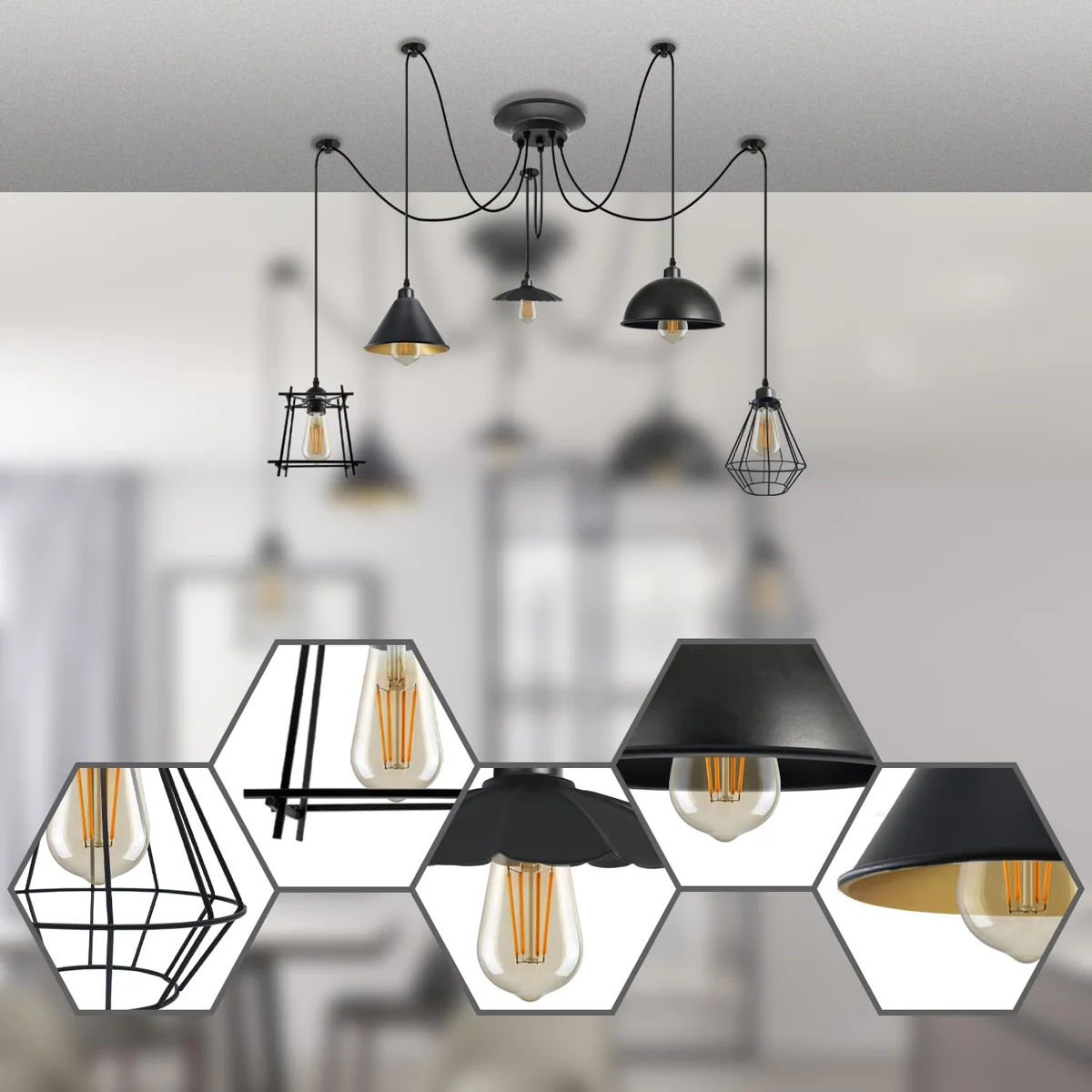 Five-head adjustable dimmable E27 pendant light with metal wire cages and ceiling rose, industrial vintage style