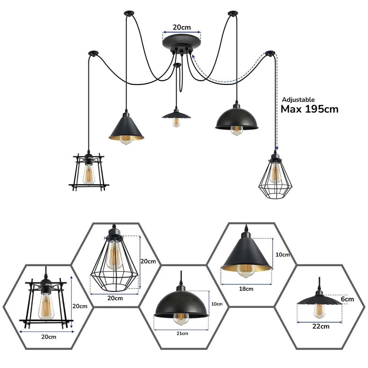 Industrial vintage 5-way adjustable hardwired ceiling light with metal wire cages and black ceiling rose