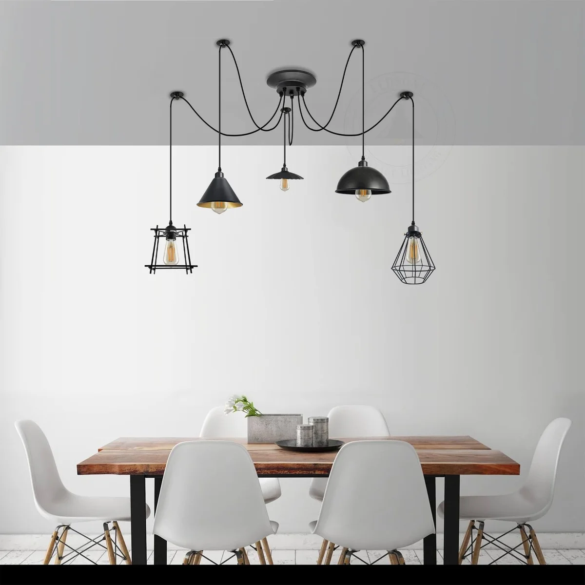 Industrial vintage adjustable pendant light with five metal cage shades hanging from ceiling rose, cables adjustable length