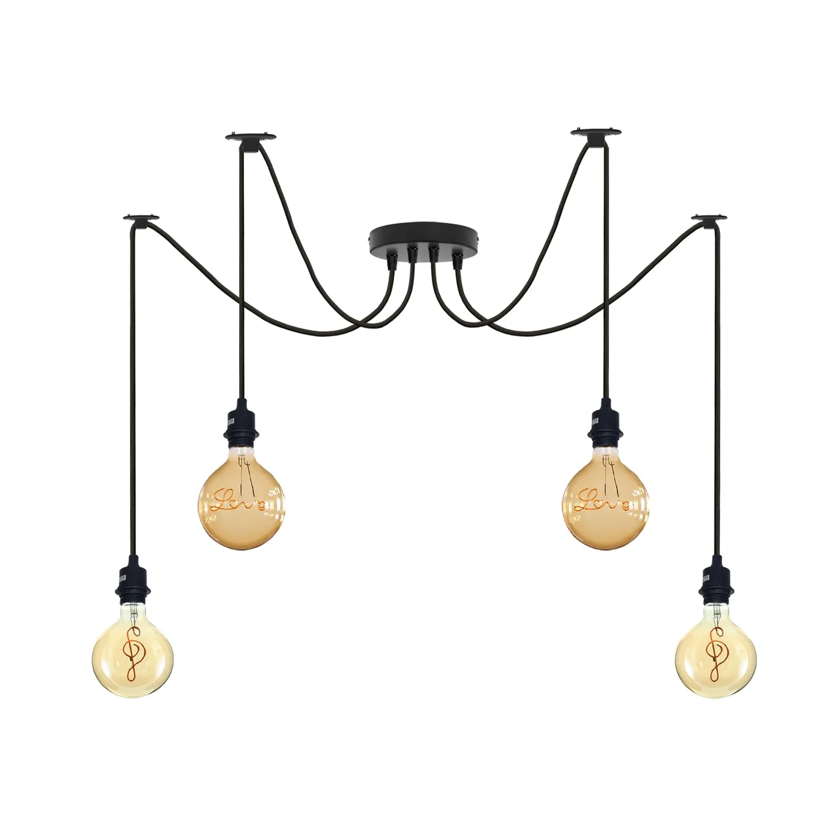 Black industrial spider pendant light with multiple adjustable fabric-covered cables and E27 bulb fittings hanging from ceiling rose