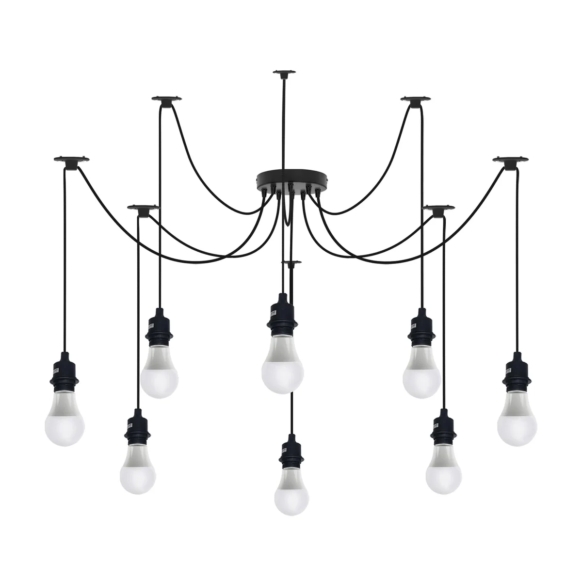 Black industrial multi-way pendant light with adjustable fabric-covered cables and metal ceiling rose in vintage style