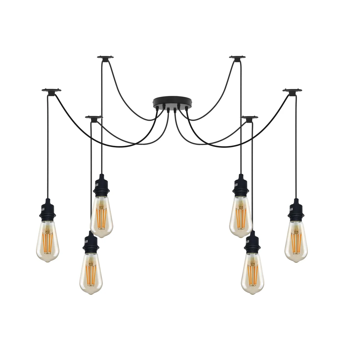 Industrial black adjustable ceiling light with multiple fabric-covered cables and E27 bulb fittings hanging from metal ceiling rose