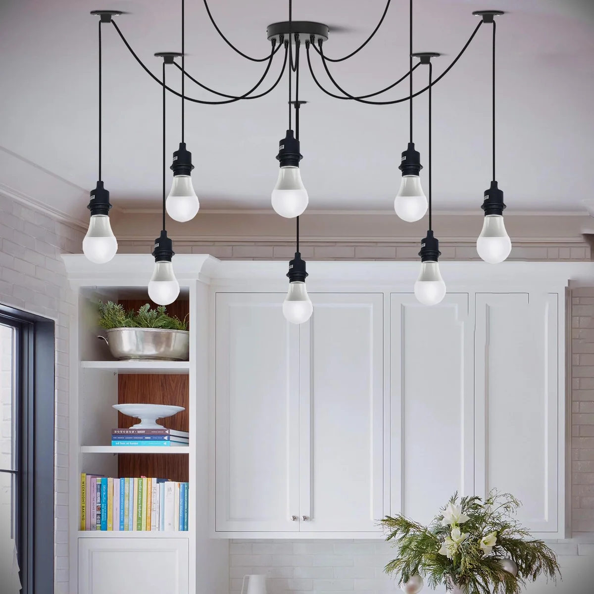 Industrial multi-way spider E27 pendant light with black fabric-covered cables and metal ceiling rose, adjustable length.