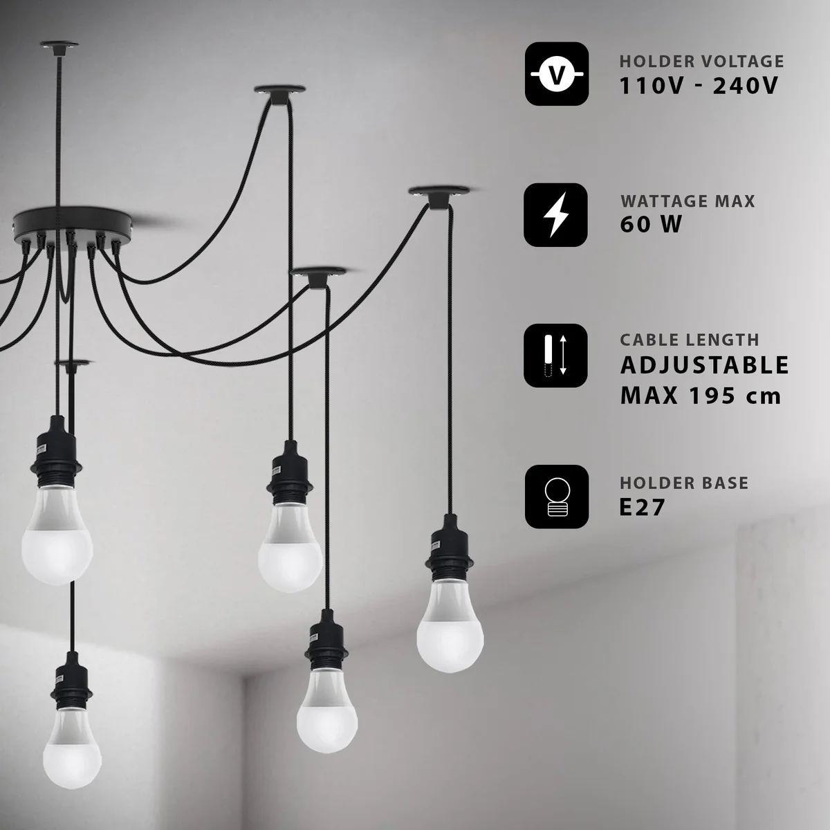 Industrial black multi-way dimmable pendant light with adjustable fabric-covered cables and metal ceiling rose