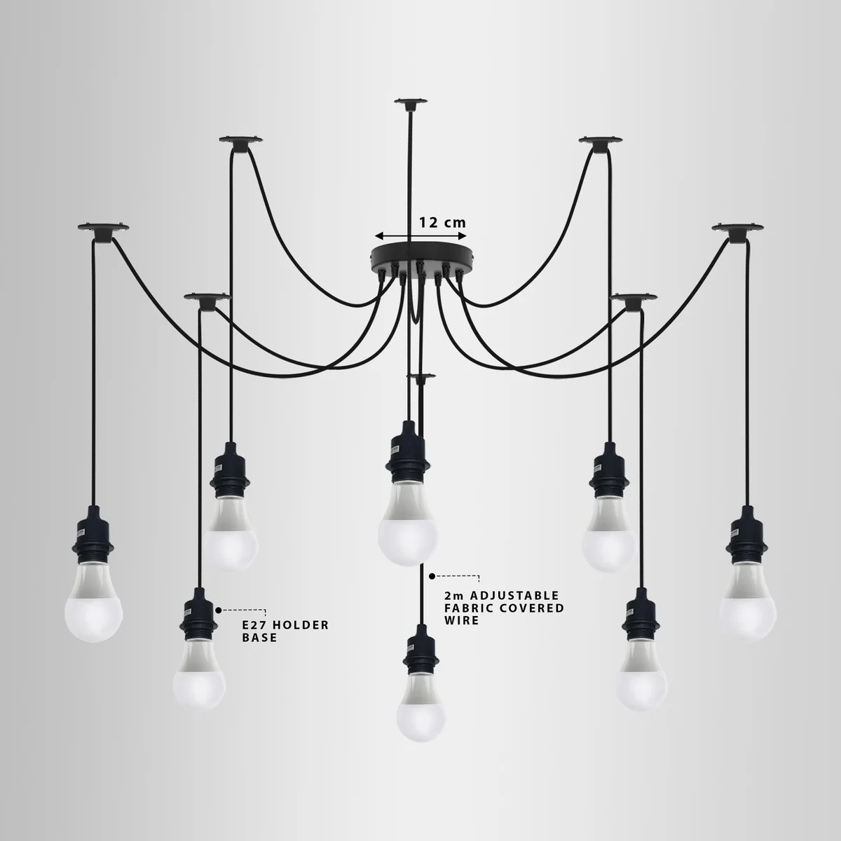 Black industrial spider pendant light with multiple adjustable fabric-covered cables and E27 bulb fittings hanging from ceiling