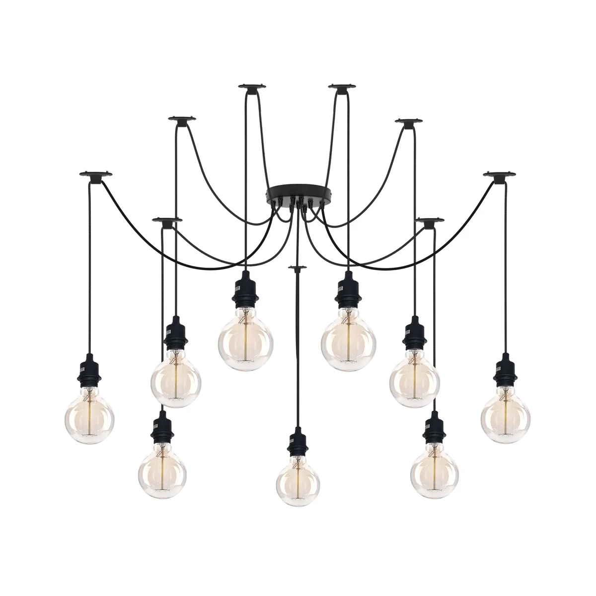Industrial spider pendant light with multiple adjustable black fabric cables and E27 bulb holders hanging from metal ceiling rose