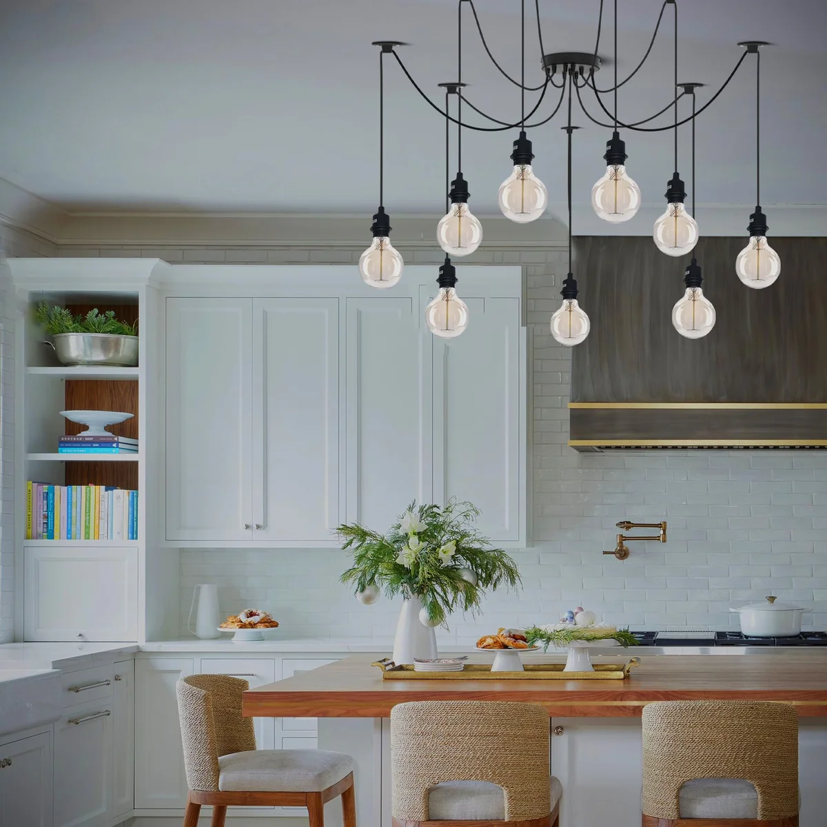 Black industrial spider pendant light with multiple adjustable fabric-covered cables and E27 bulb fittings hanging from ceiling