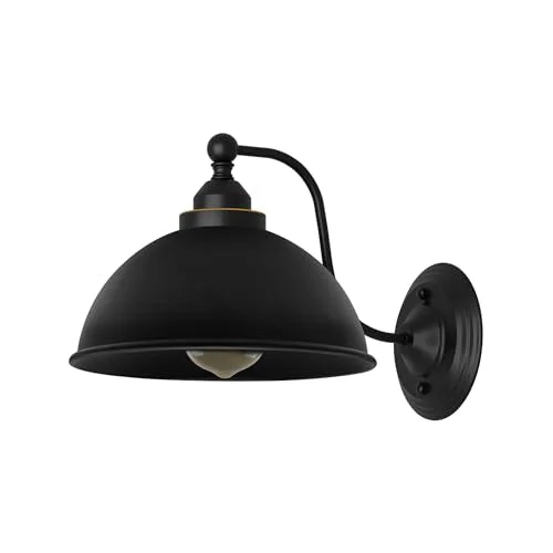 Vintage industrial swan neck lamp with curved metal arm and dome shade, black finish with gold inner lining