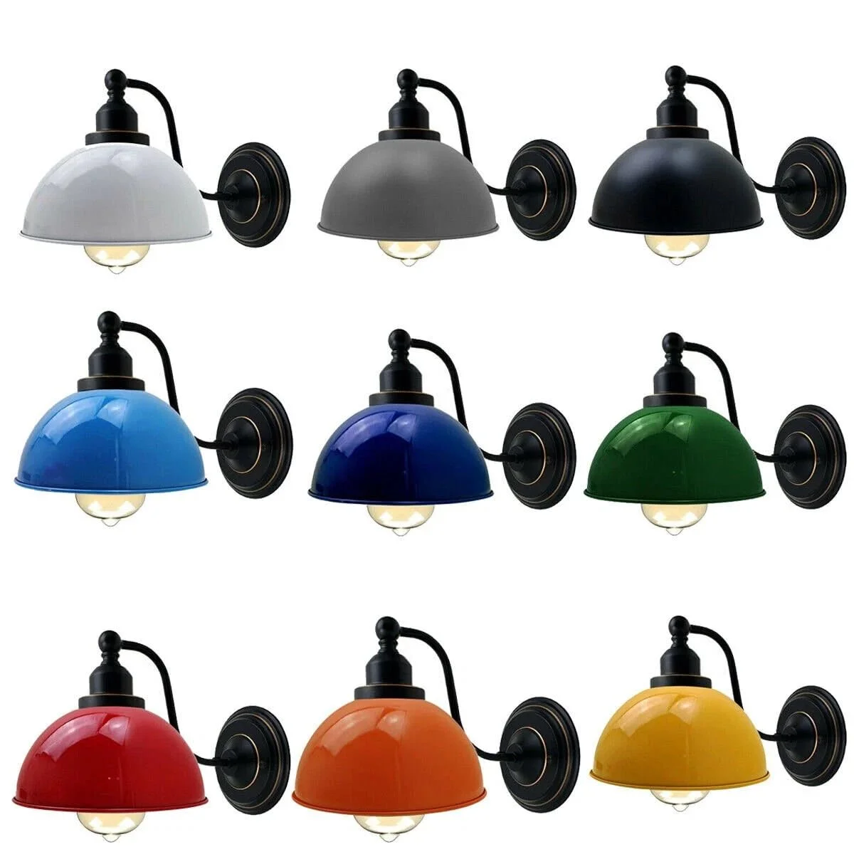 Vintage industrial swan neck E27 bulb wall light with curved metal arm and dome shade in black with gold inner finish