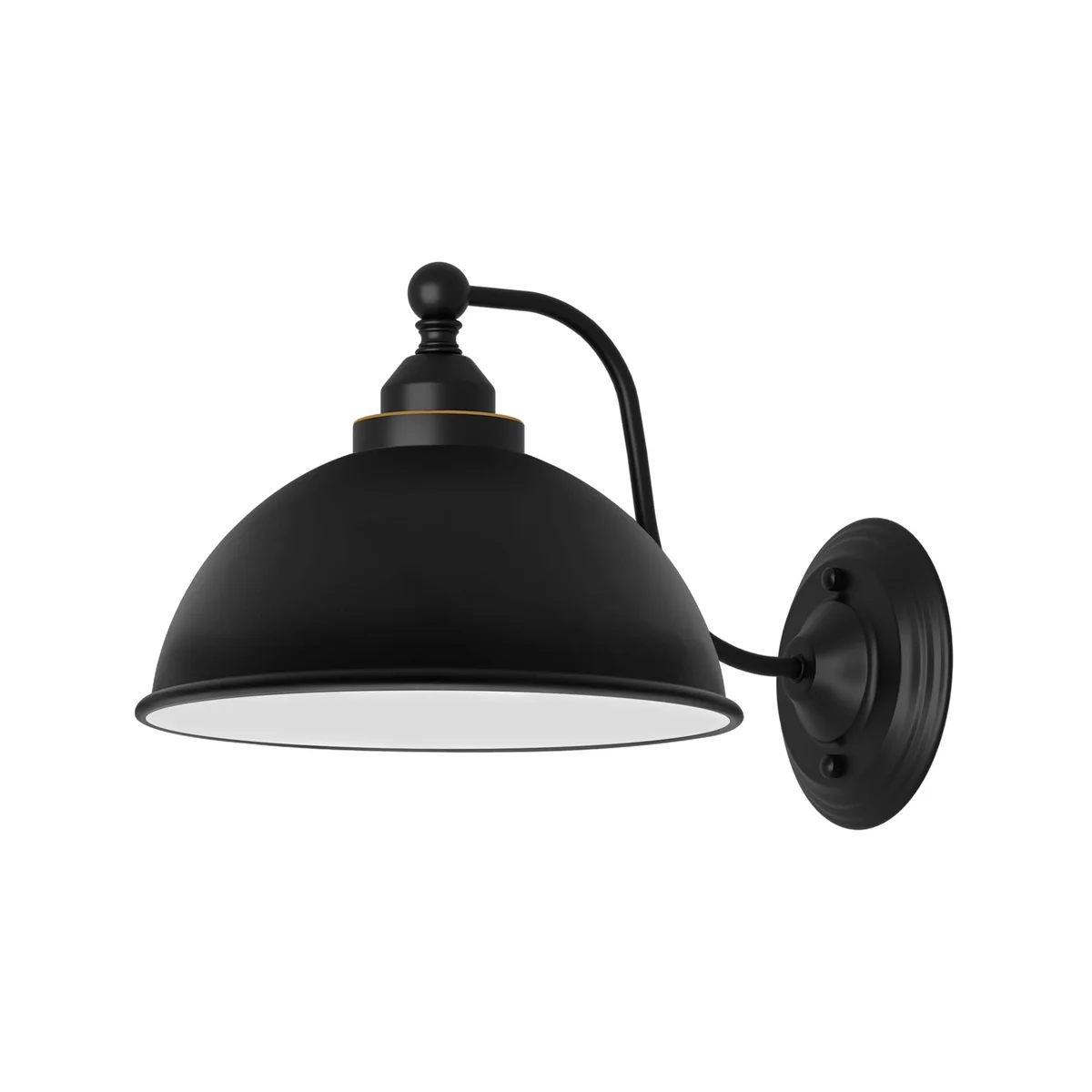 Vintage gooseneck light with curved metal arm and dome shade in black with gold inner finish mounted on wall