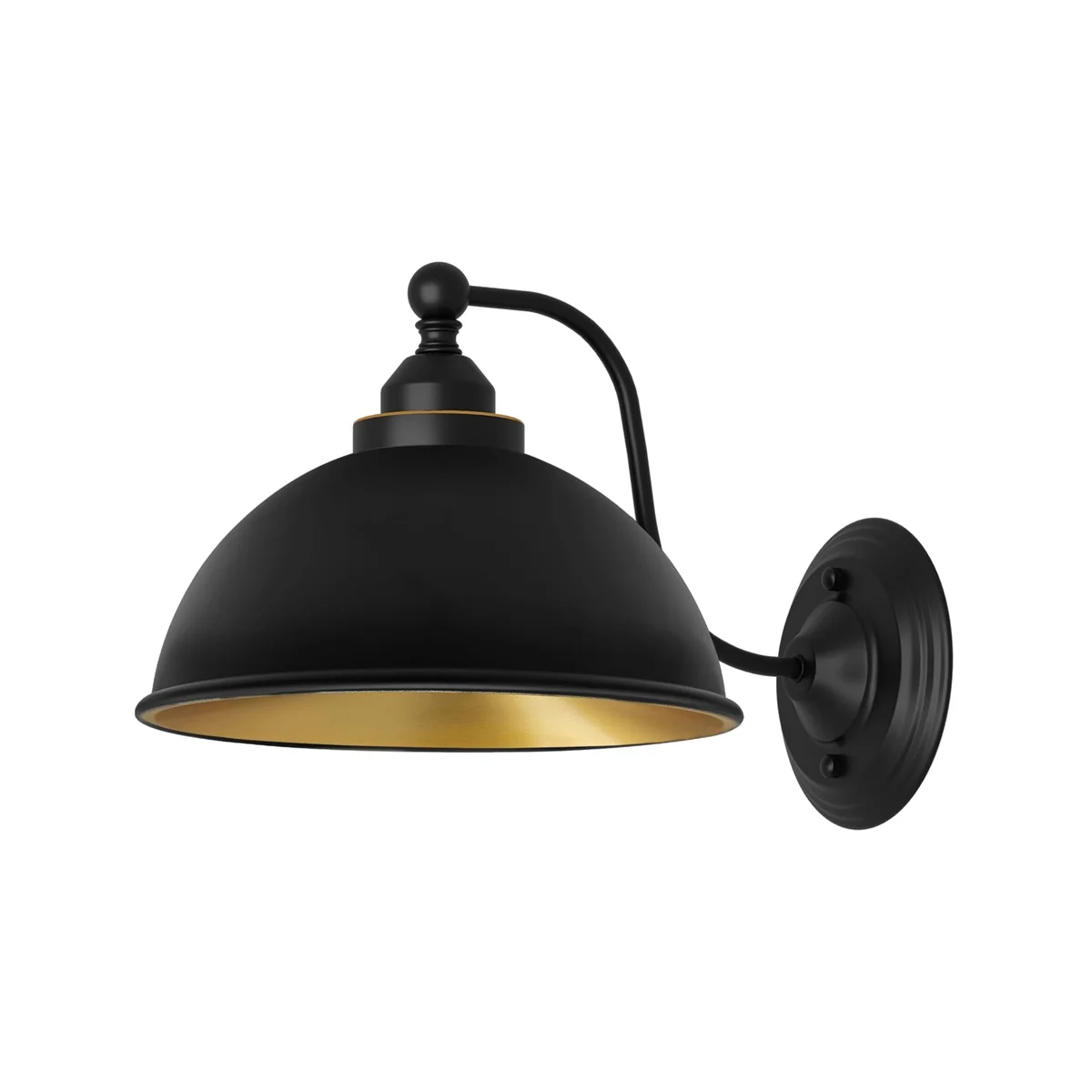 Vintage industrial wall light with curved swan neck arm and black metal dome shade mounted on white wall