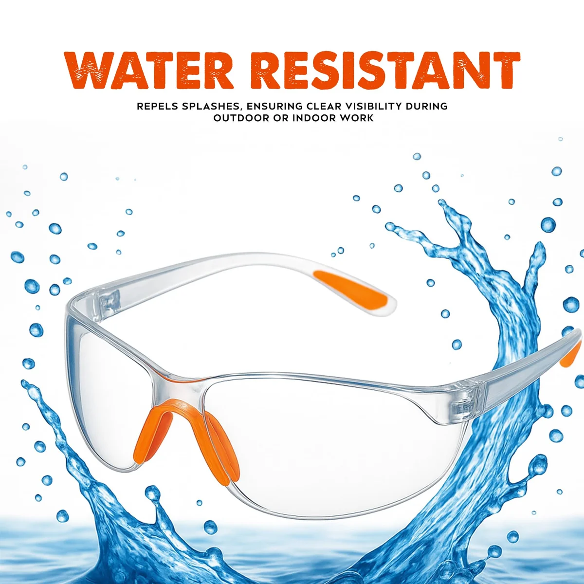 Twelve pairs of clear safety glasses with rubber nose bridges and ear grips, designed for work and protection.