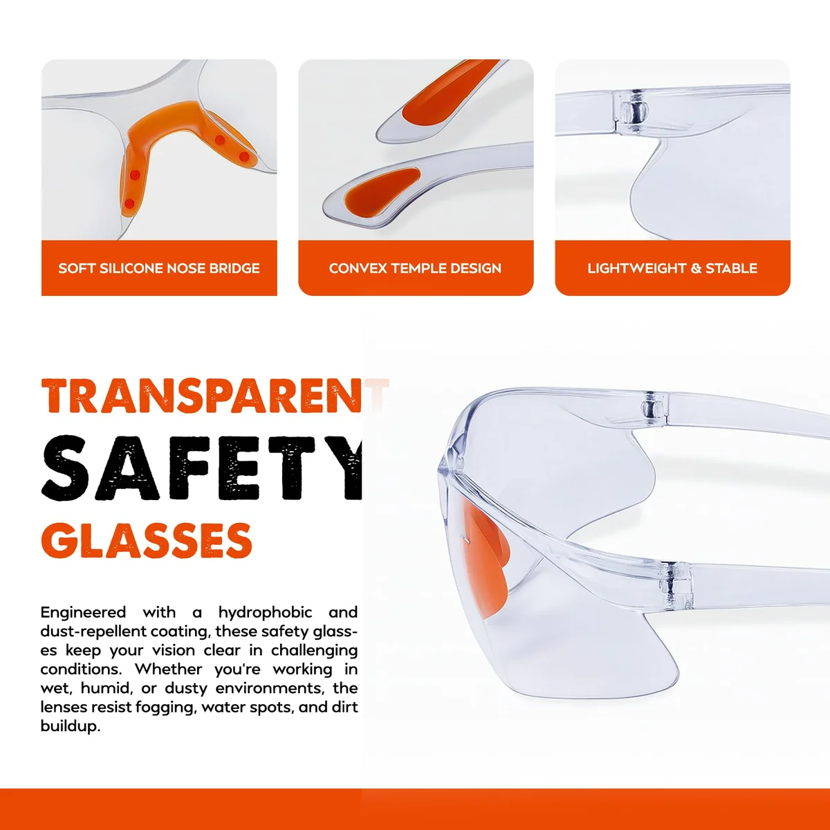 Twelve pairs of clear safety glasses with clear lenses, rubber nose bridges, and ear grips for adults and kids