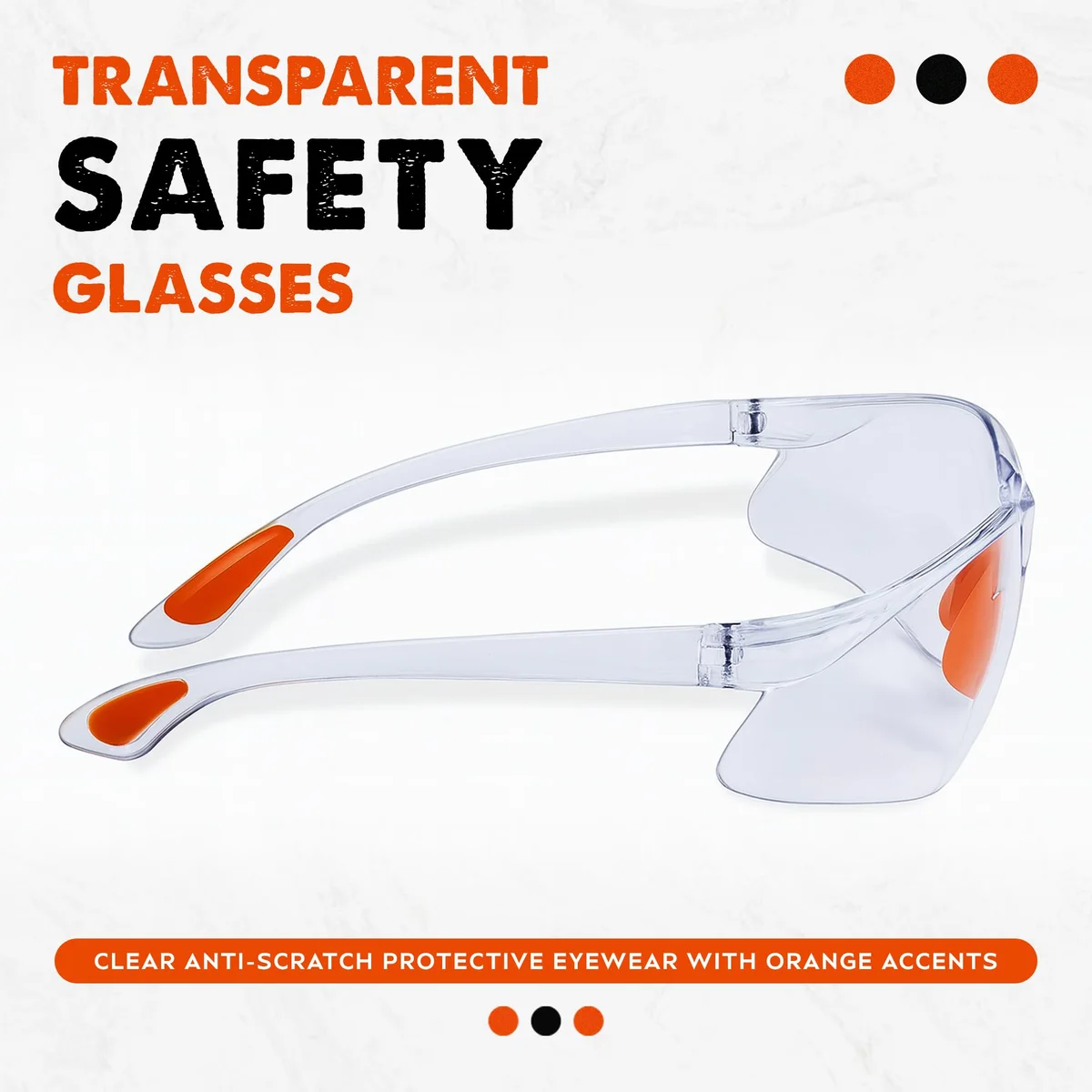 Twelve pairs of clear protective eyewear with adjustable nose bridges and ear grips arranged on a white background