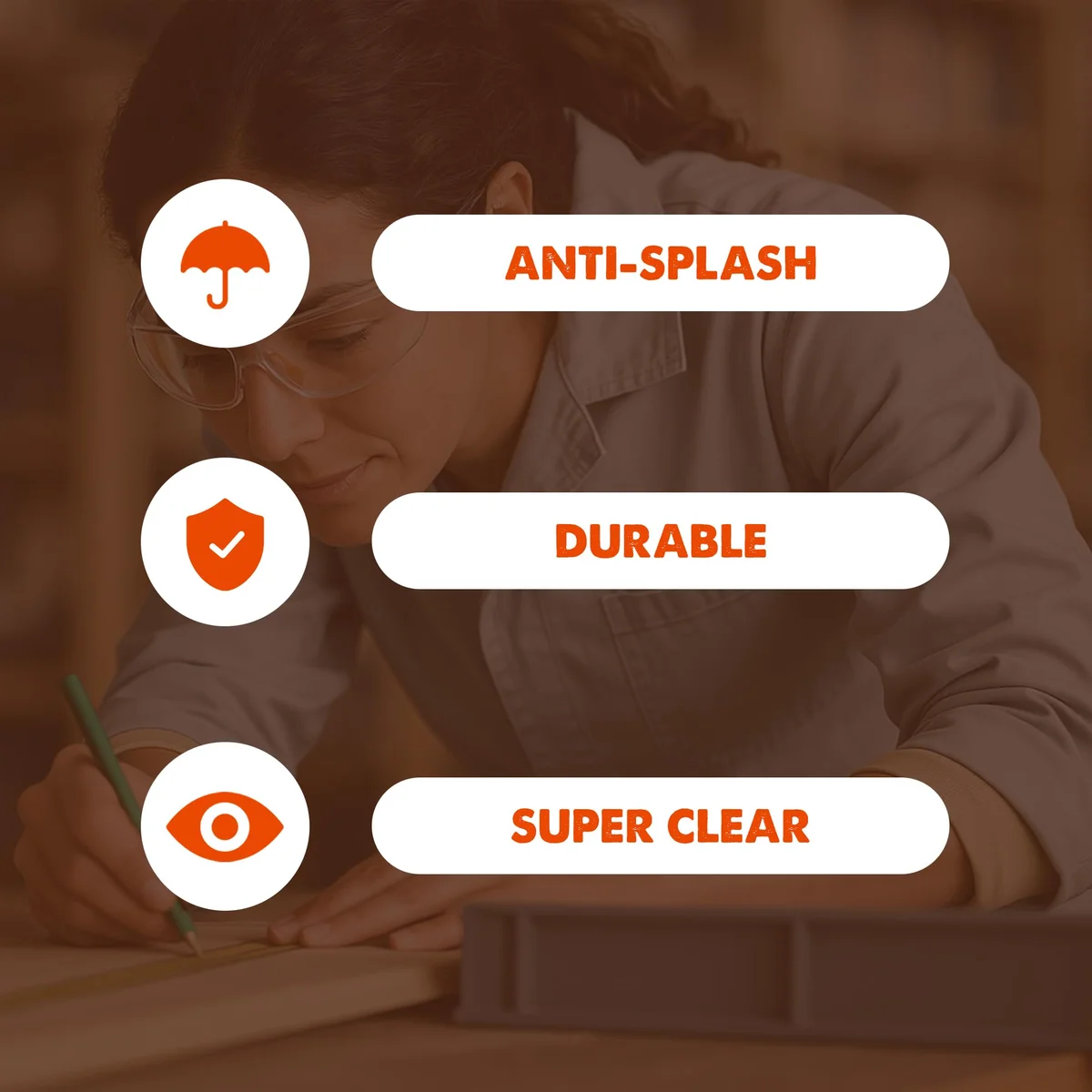 Clear work safety glasses with adjustable nose bridge and ear grips, suitable for adults and children, shown on white background