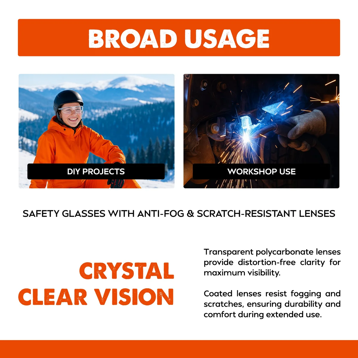 Clear safety glasses with adjustable nose bridge glasses and ear grips, designed for comfortable full eye protection