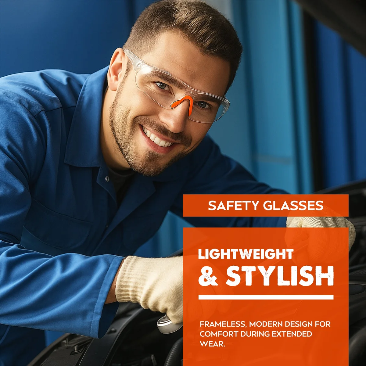 Twelve pairs of clear safety glasses with rubber nose bridges and ear grips arranged on a white background