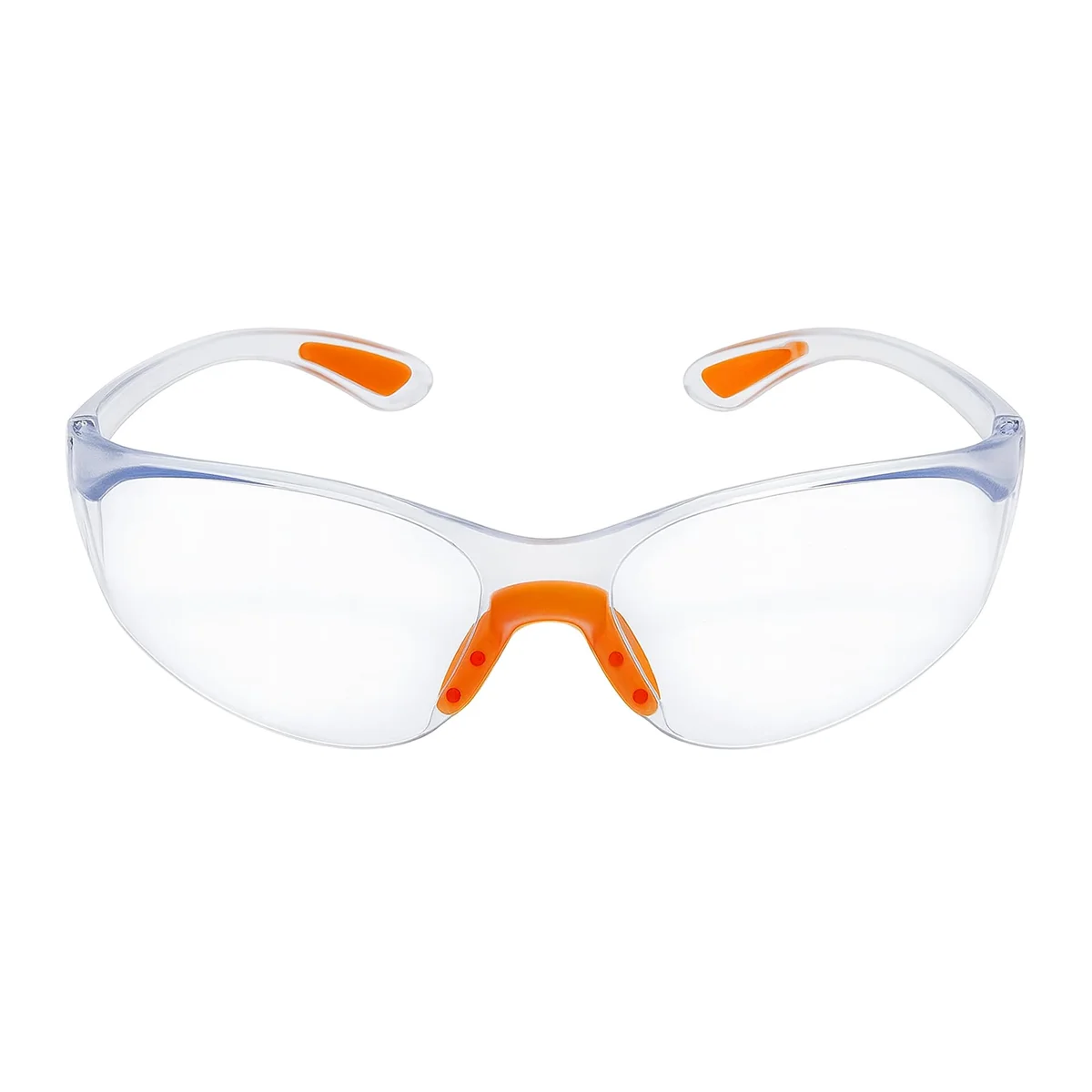 Twelve pairs of clear safety glasses with adjustable nose bridges and ear grips, suitable for adults and children.