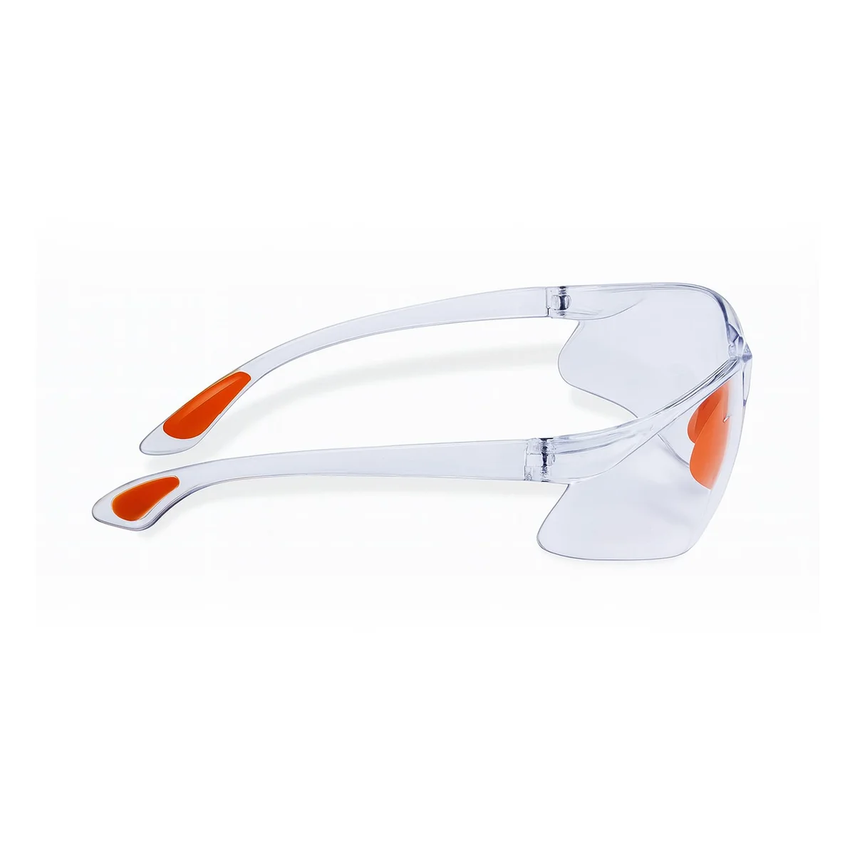 Twelve pairs of clear safety glasses with rubber nose bridges and ear grips arranged on a white background