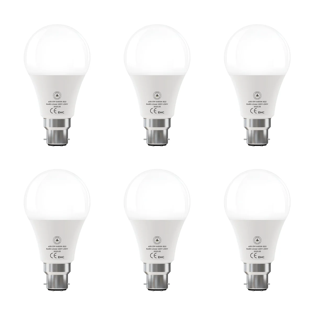Pack of 6 cool white LED E27 B22 bulbs with plastic and metal bodies, non-dimmable, energy-saving 5W-22W designs