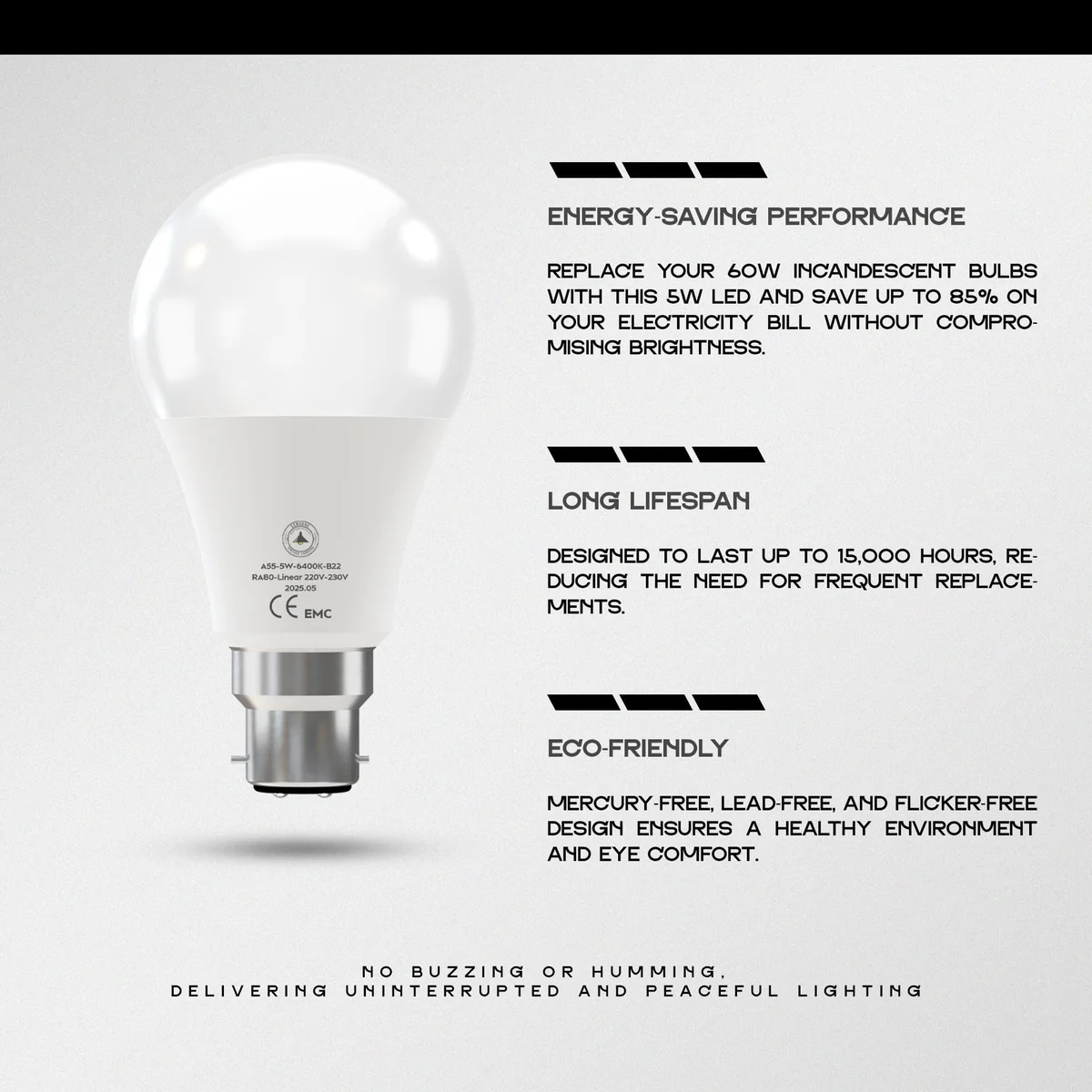 Six cool white 6400K long lifespan LED bulbs with E27/B22 bases arranged on a white background