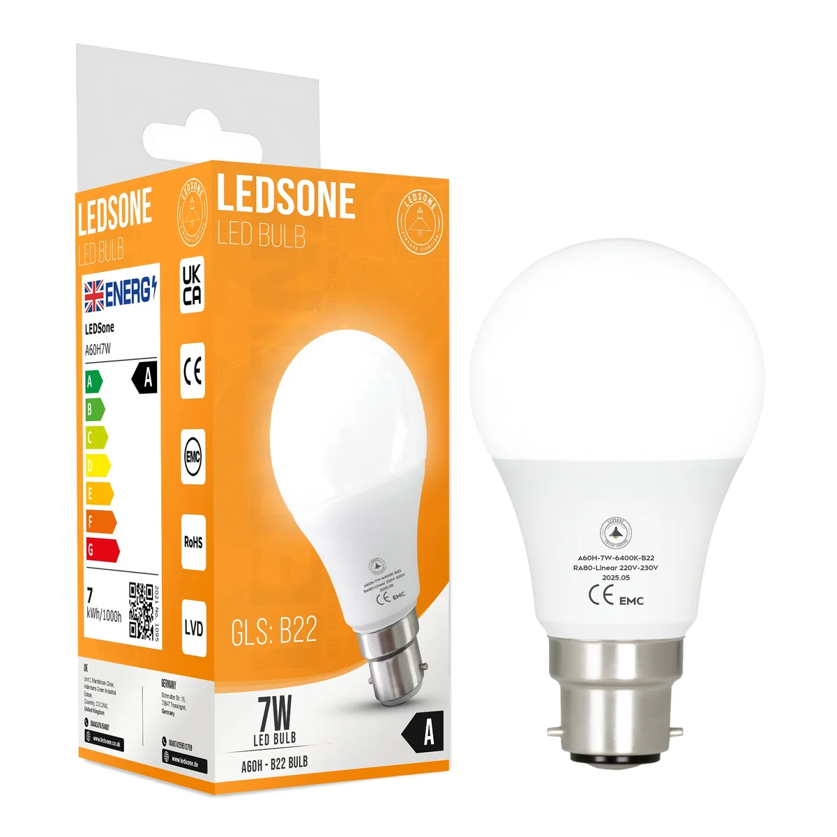 7W B22 LED bulb with A60 shape, cool white 6400K light, non-dimmable, energy-saving design for indoor use
