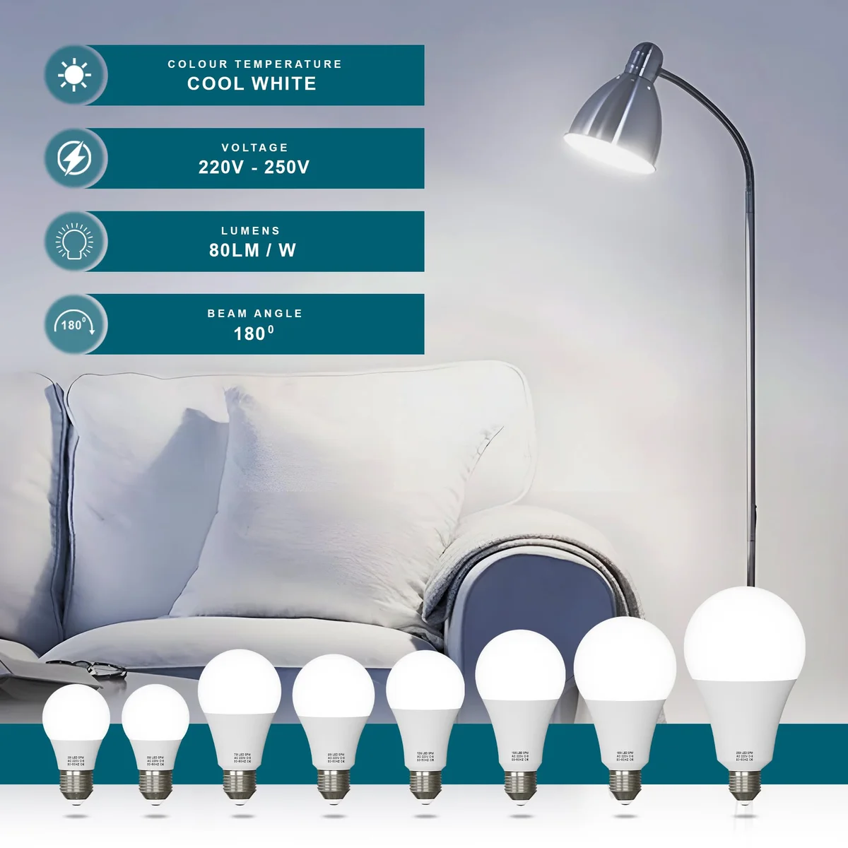 Non-dimmable LED bulb with B22 base, A60 shape, emitting bright cool white 6400K light, energy-saving 7W design