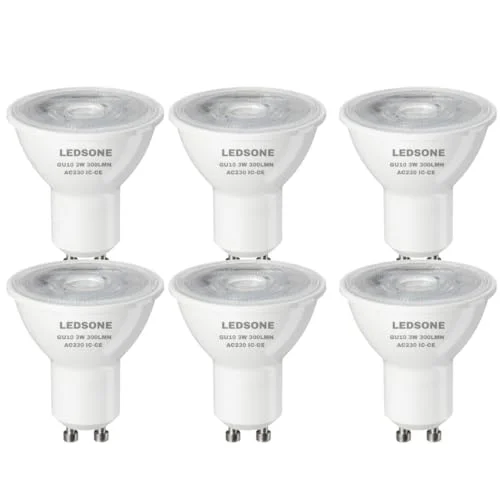 Six GU10 LED spotlight bulbs with cool white light, plastic and metal body, arranged side by side on white background