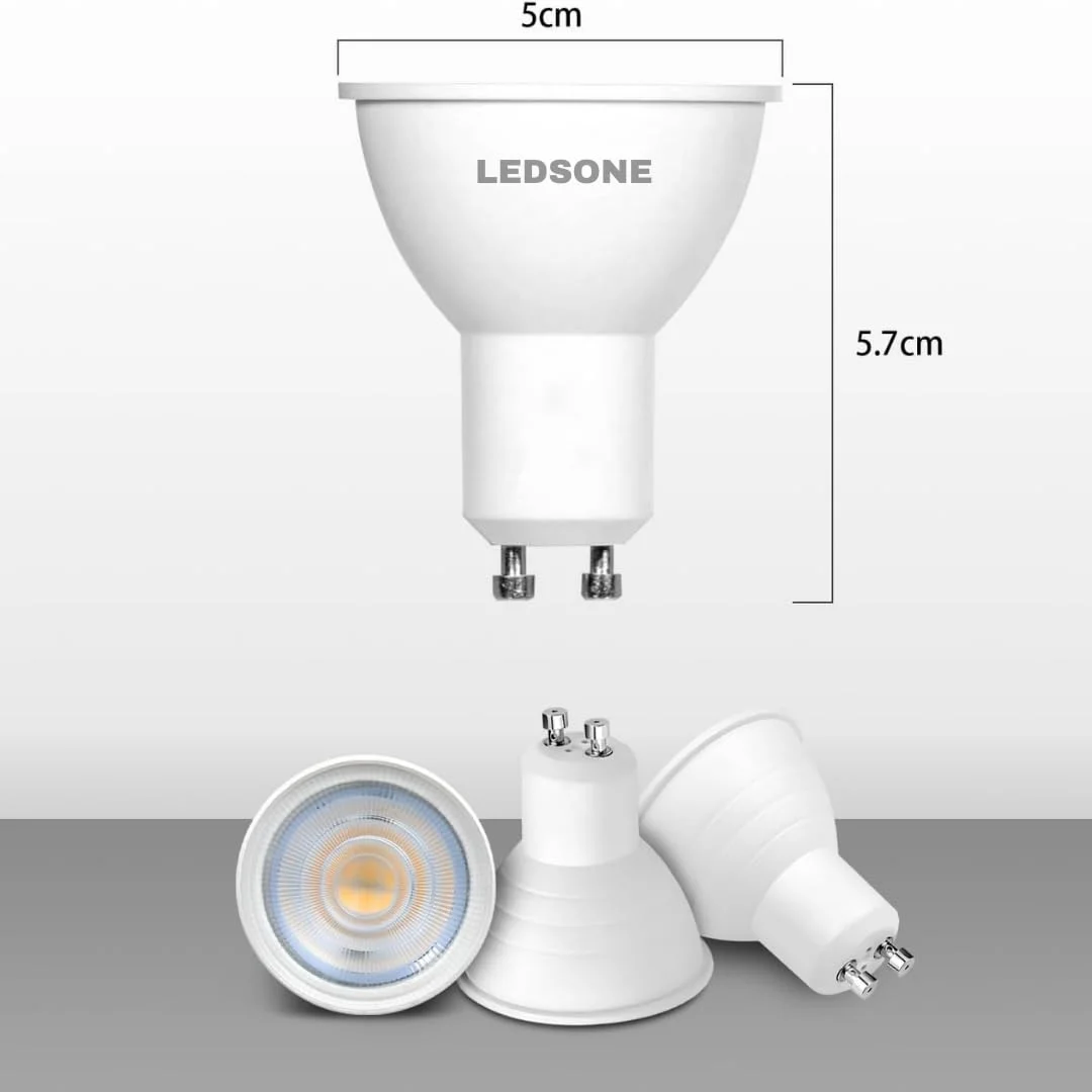 Six cool white LED bulbs with GU10 base, plastic and metal body, suitable for indoor lighting, 3/5/7W options