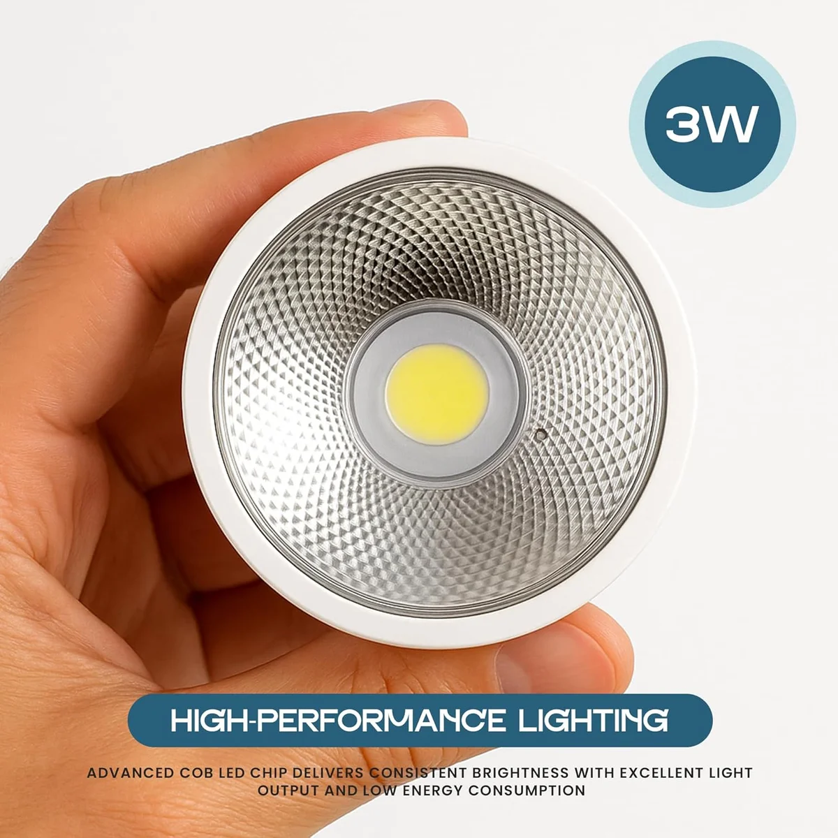 Six GU10 energy saving spotlights with cool white LED bulbs arranged on a white background