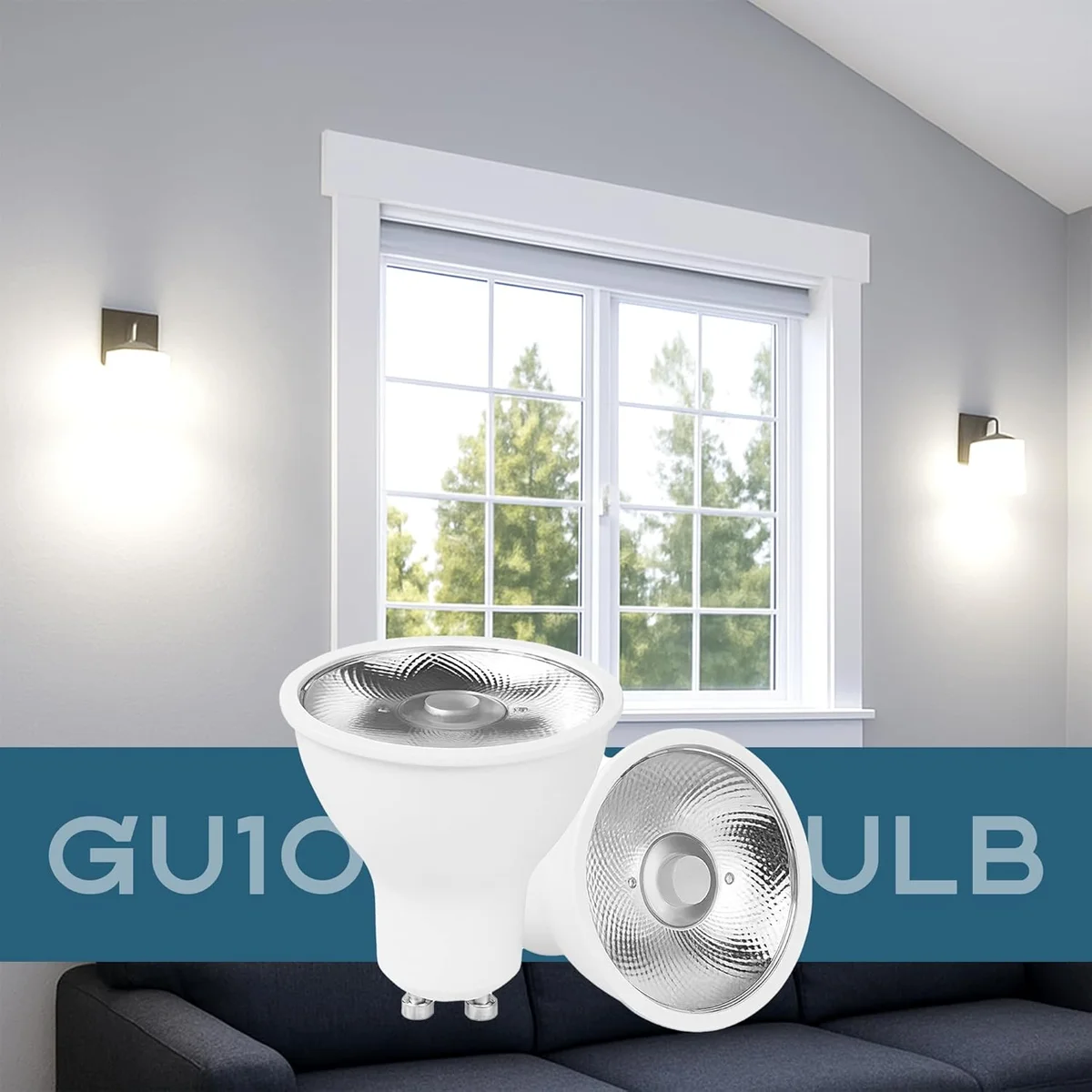 Six cool white GU10 LED bulbs 3 watt with plastic and metal bodies arranged on a white background
