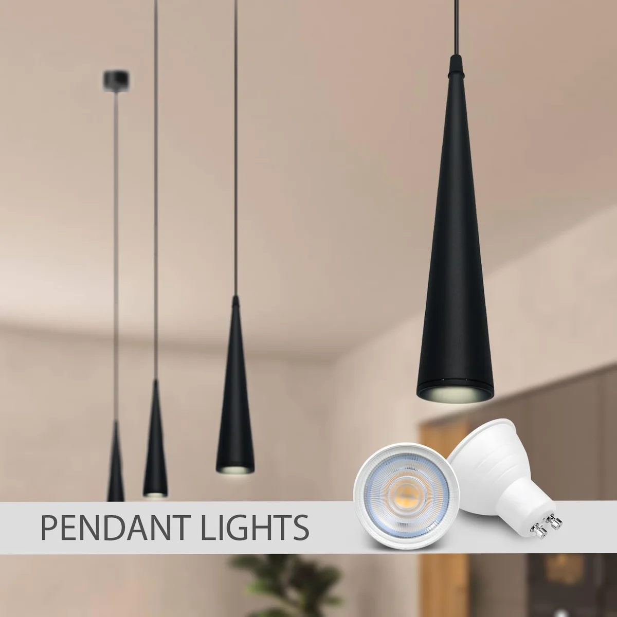 Six GU10 LED spotlight bulbs with cool white light, plastic and metal body, suitable for indoor use, shown on white background