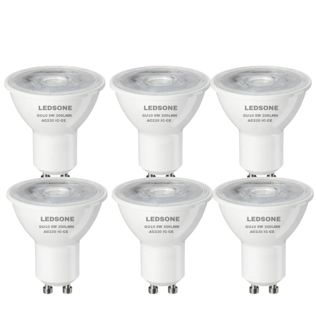 Six GU10 LED spotlight bulbs with white plastic and metal bodies shown on a white background, 3/5/7W cool white light