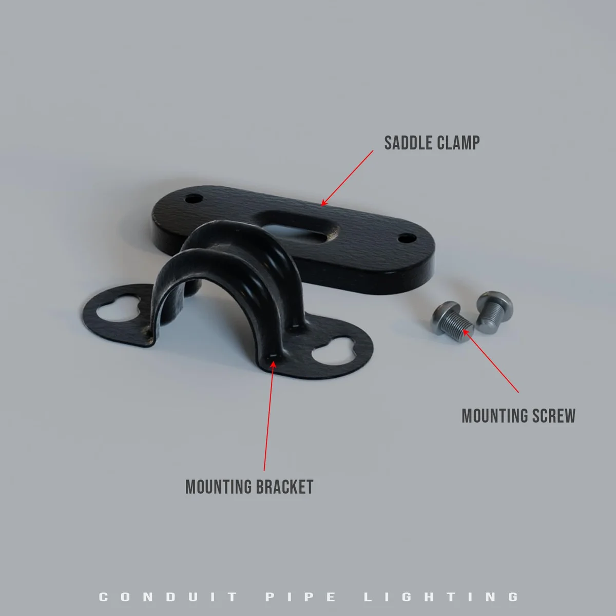 20mm metal saddle clip for industrial conduit fitting – screw fixed with deliberate gap, corrosion‑resistant, retro style.