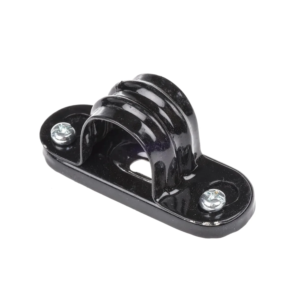 20mm conduit pipe clip: metal saddle securing a 20mm conduit pipe with a gap on a wall surface