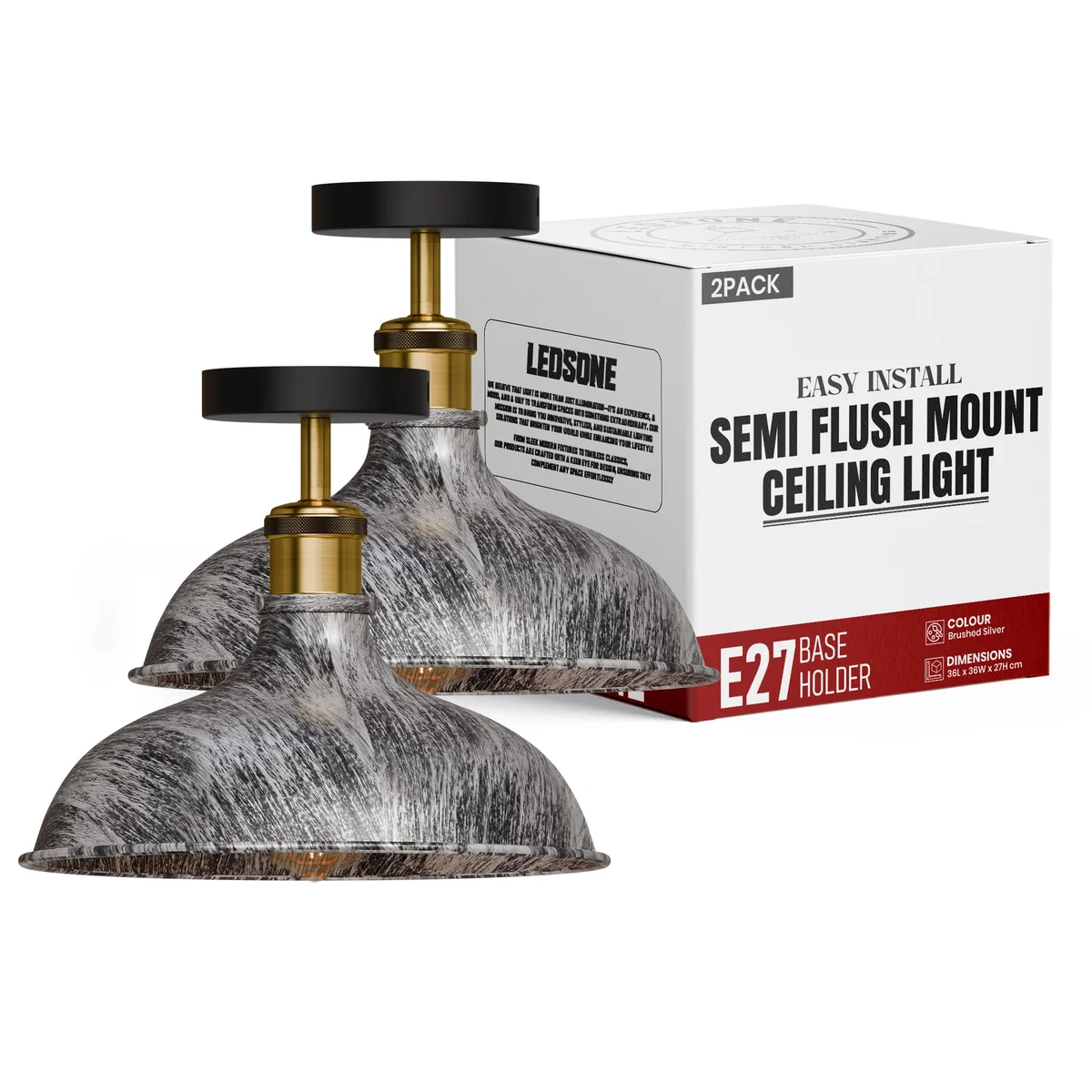 Industrial ceiling light with distressed black metal finish and brass details, flush mount design, 36cm wide, warm white LED bulb included