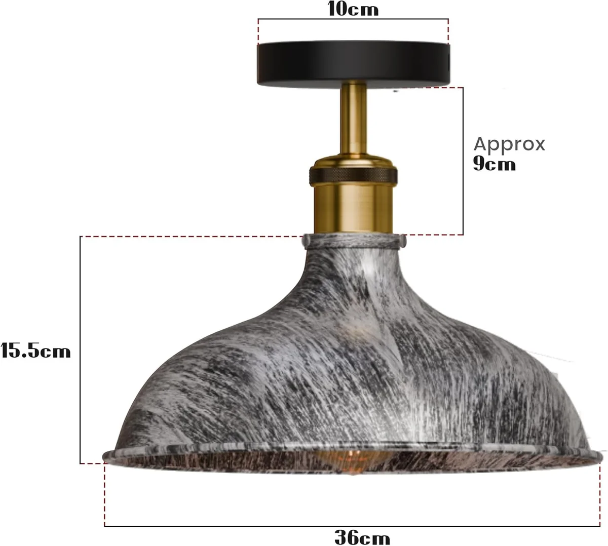 Vintage ceiling light with distressed black metal and brass details flush mounted on a white ceiling