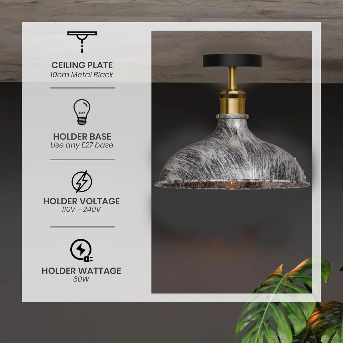 Industrial metal flush mount ceiling light with distressed black finish and brass details for bedroom ceiling lighting