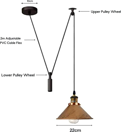 Black industrial pulley pendant ceiling light with metal shade and long 200cm cable hanging from ceiling plate