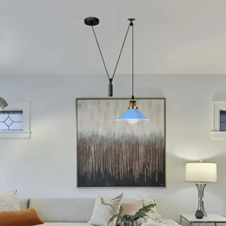 Black industrial E27 bulb pendant light with pulley wheels and 200cm cable hanging from ceiling plate