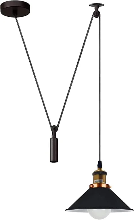 Black industrial pulley ceiling light fixture with metal frame, pulley wheels, and long 200cm cable hanging from ceiling