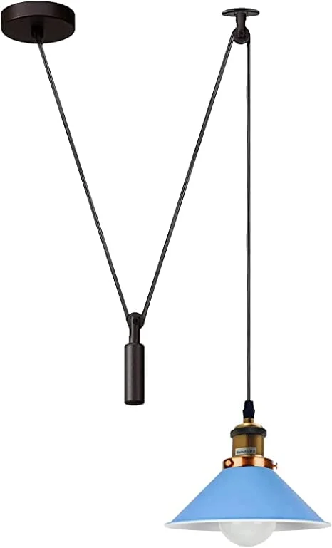 Black industrial pulley ceiling light fixture with metal lampshade and 200cm cable hanging from ceiling plate