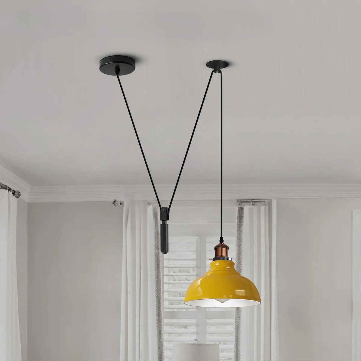 Industrial metal pendant light with a wide metal shade, black finish, and adjustable 200cm cord hanging from ceiling