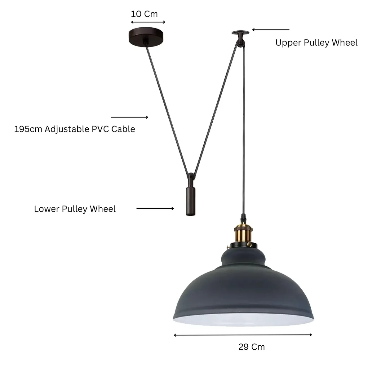 Industrial metal adjustable pendant light with matte finish and 200cm cord hanging in neutral background