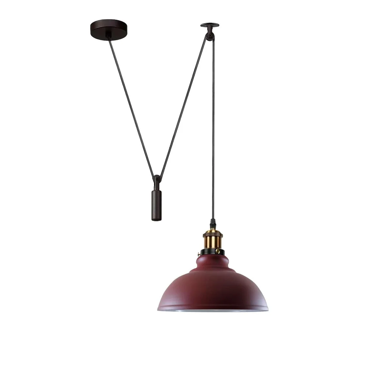 Industrial metal pendant light with wide metal shade, hanging from adjustable 200cm cord, suitable for various interiors