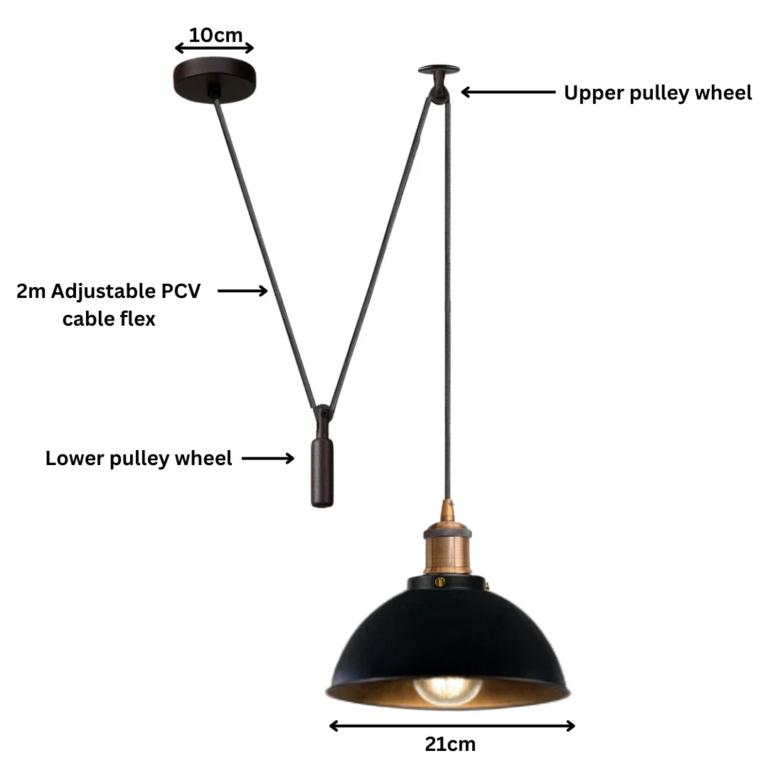 Industrial ceiling light pendant with black metal finish, adjustable pulley, 21cm metal lampshade, 200cm cable