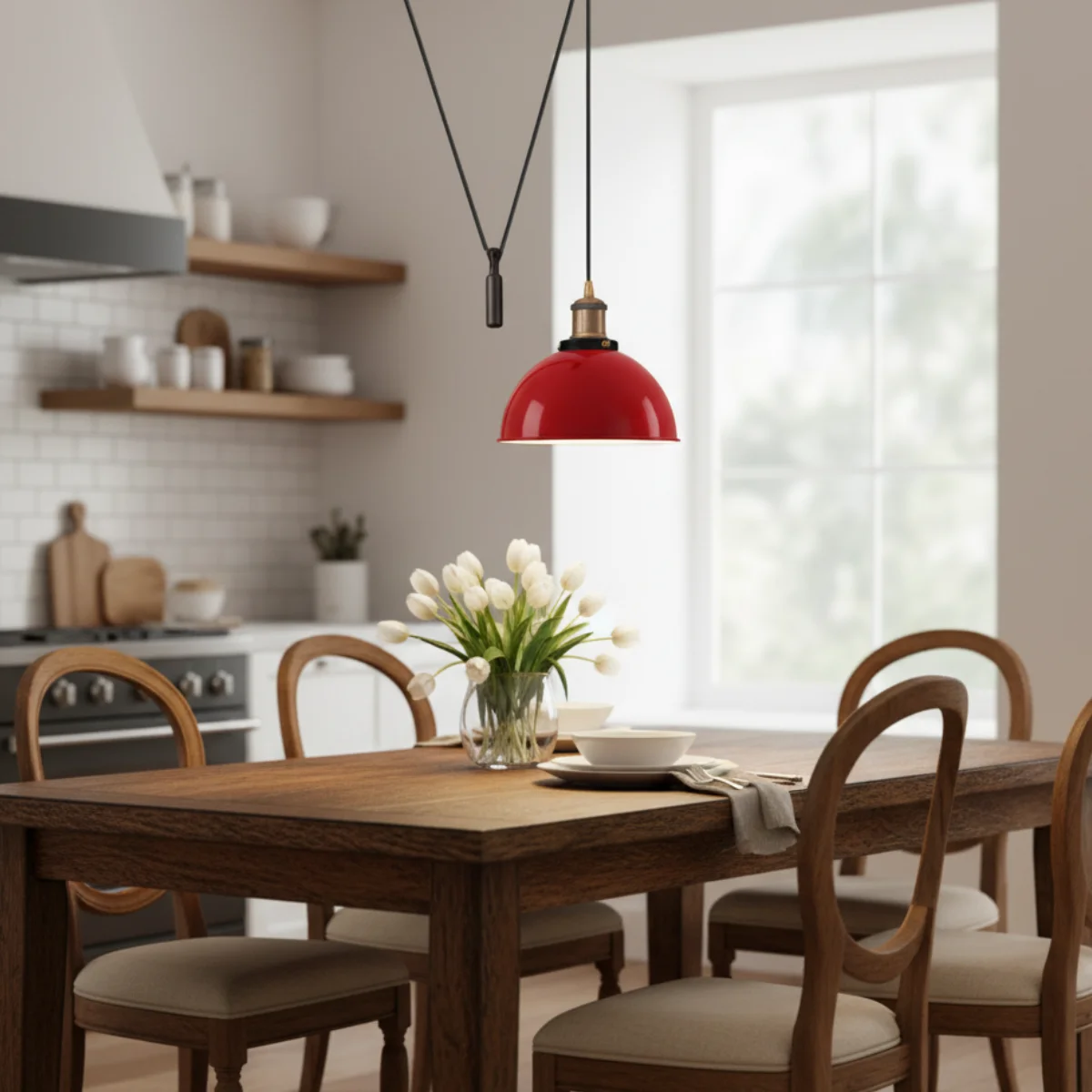 Black metal E27 pendant lamp with pulley, 21‑cm shade and 200‑cm cable, adjustable height for industrial style lighting.