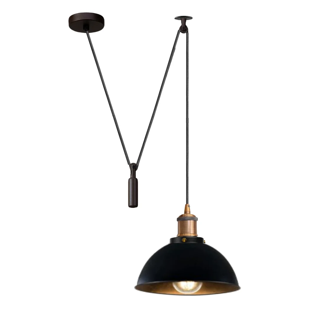 Black metal pendant light with pulley, adjustable rope, 21cm lampshade, E27 base – a height pulley light for industrial décor.